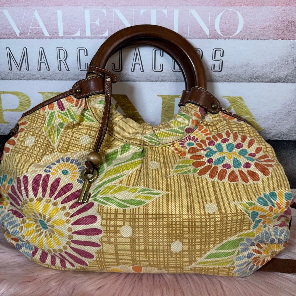 Fossil Yellow Floral Shoulder Bag with Brown Wooden Handles